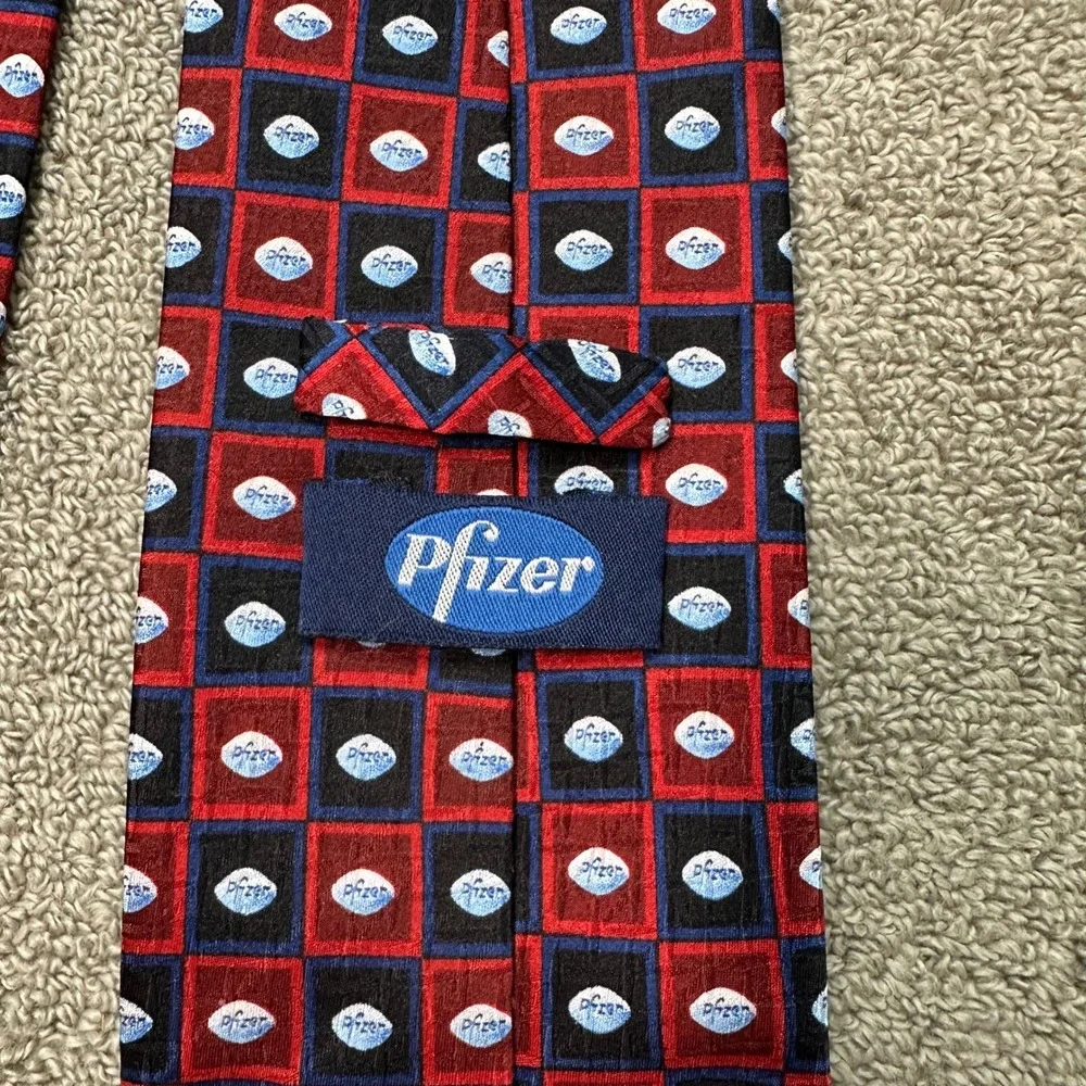 Pfizer Mens Silk Necktie Red Black Blue Geometric Logo Corporate Promo Tie